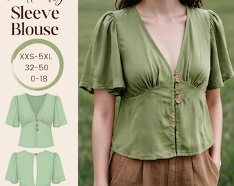 V Neck Butterfly Sleeve Slit Back Blouse Pdf Sewing Pattern- Elegant Summer Top Pattern-10 Sizes Available