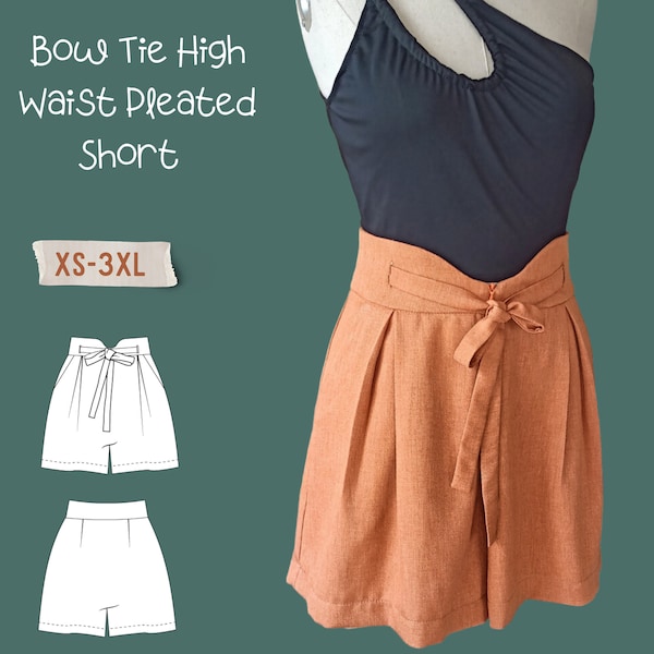 Bow Tie High Waist Pleated Short With Pockets Pdf Sewing Pattern- Beginner Friendly Digital Pattern in Sizes XS-3XL