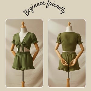 May include: An olive green two-piece set consisting of a short-sleeved crop top with a front tie closure and matching shorts with a ruffled hem. The text "Beginner friendly" is displayed above the garments shown on a mannequin.