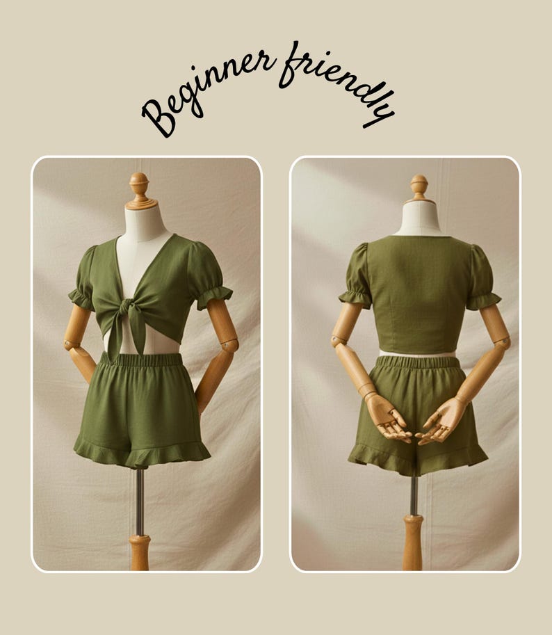 May include: An olive green two-piece set consisting of a short-sleeved crop top with a front tie closure and matching shorts with a ruffled hem. The text "Beginner friendly" is displayed above the garments shown on a mannequin.