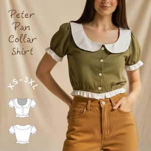 Peter Pan Collar Button Down Crop Shirt Easy PDF Sewing Pattern- Beginner Friendly Digital Sewing Women Shirt Pattern in XS-3XL