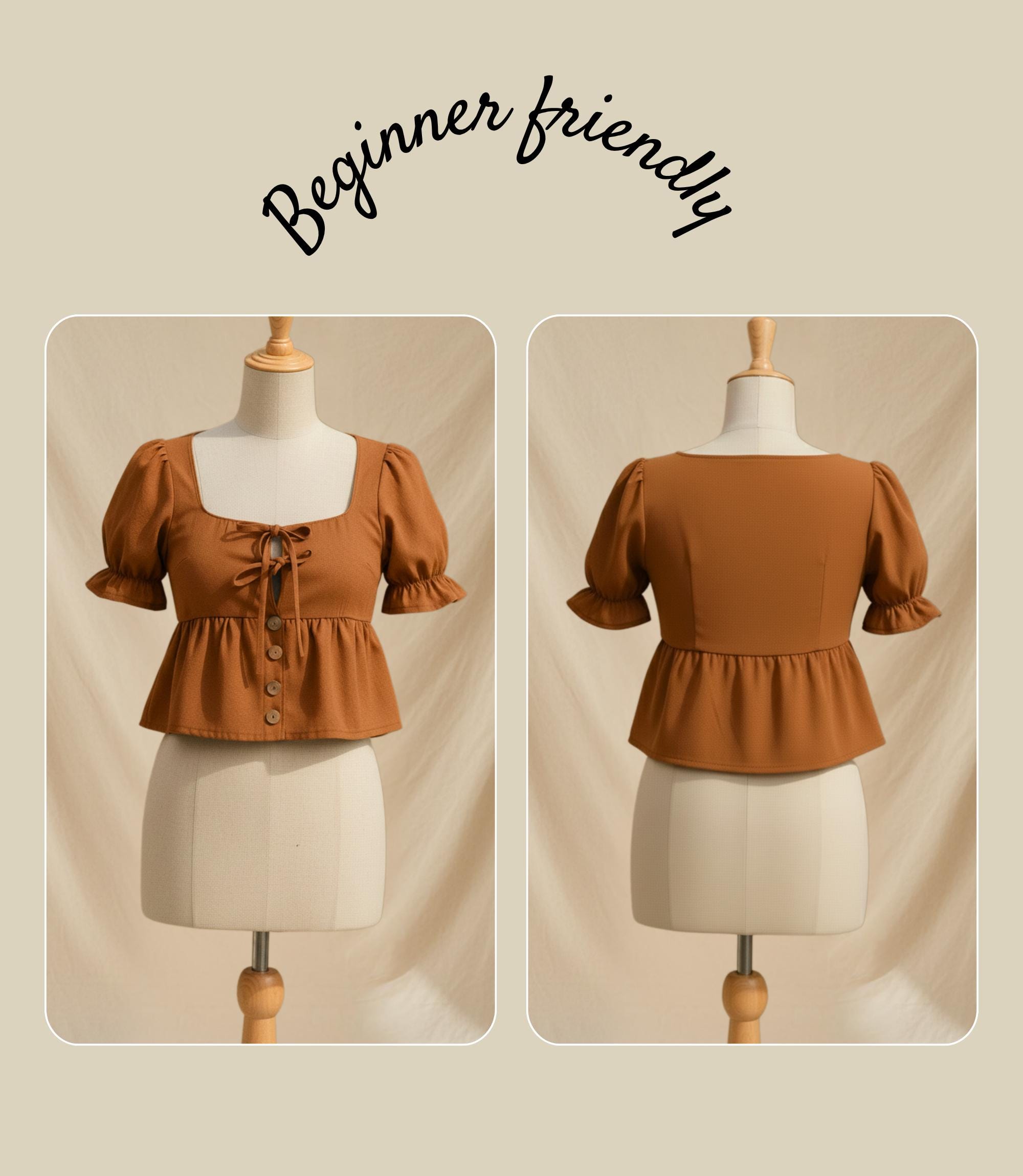 Square Neck Tie Front Puff Sleeve Blouse -button up Shirt Pdf