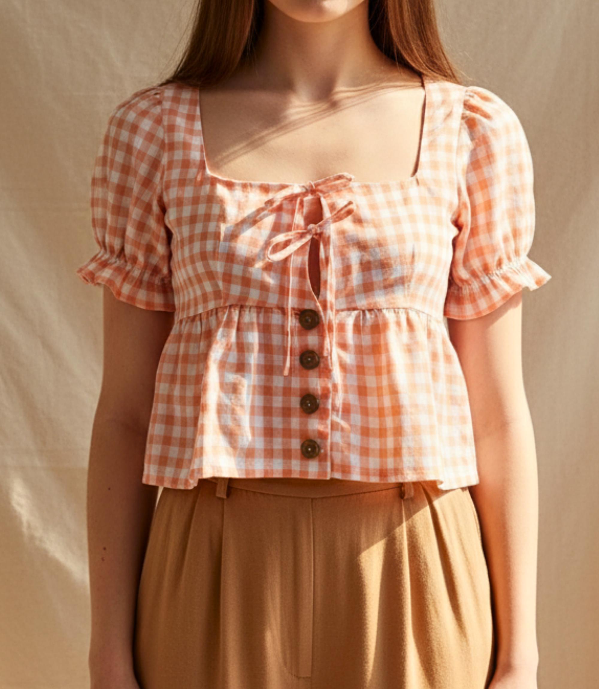 Square Neck Tie Front Puff Sleeve Blouse -button up Shirt Pdf