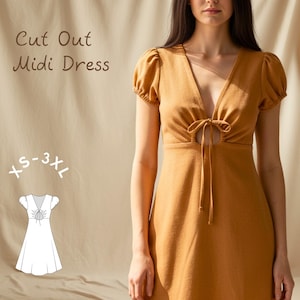Patrón de costura en PDF para vestido de verano midi con abertura frontal en tallas XS-3XL