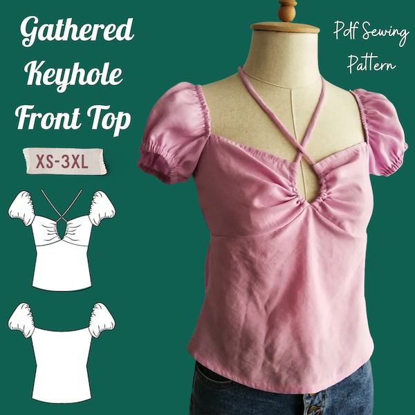 Gathered Keyhole Front Top Sewing Pattern- Cut Out Blouse Printable Sewing Pattern in Sizes XS-3XL