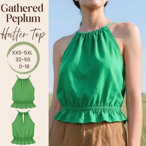 May include: A bright green sleeveless halter top featuring a gathered neckline and a peplum waist with an elasticized band. The text on the image reads Gathered Peplum Halter Top, with size ranges XXS-5XL, 32-50, and 0-18 displayed below.
