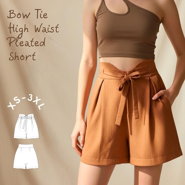 Bow Tie High Waist Pleated Shorts PDF Sewing Pattern (XS-3XL)