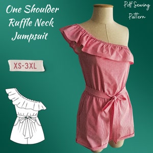 One Shoulder Ruffle Neck Short Jumpsuit PDF Sewing Pattern- Printable Sewing Pattern in Sizes XS-3XL- Easy Digital Sewing Pattern