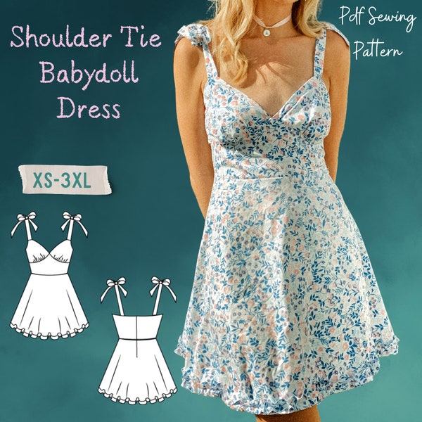 Tie Shoulder Babydoll Dress PDF Sewing Pattern-Sun Dress Pattern in Sizes XS-3XL- Summer Mini Dress