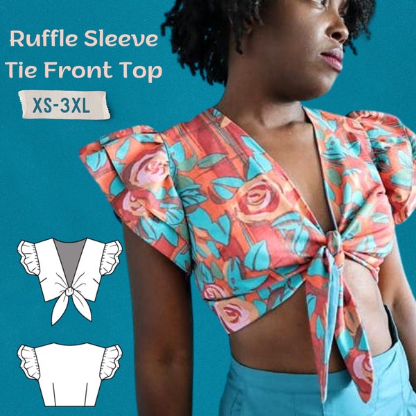 Ruffle Sleeve Tie Front Crop Top PDF Digital Sewing Pattern- Easy Summer Top Pattern- Bow Tie Front Top Pattern-Printable in sizes XS-3XL
