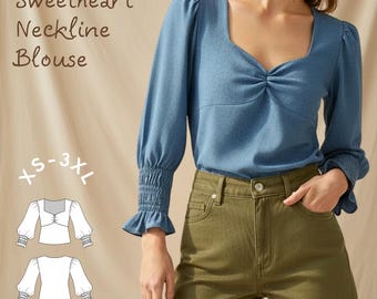 Sweetheart Neckline Puff Sleeve Blouse Pdf Sewing Pattern- Vintage Inspired Romantic Blouse Digital Pattern in Sizes XS-3XL
