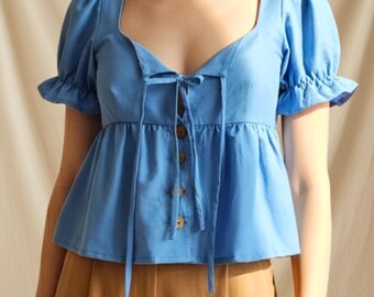 Square Neck Tie Front Puff Sleeve Blouse -button up Shirt Pdf