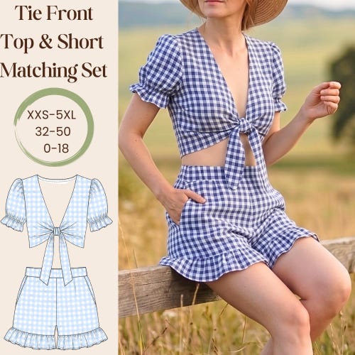 Tie Front Top & Shorts Matching Set Pdf Sewing Pattern-2 Pieces Summer Set-10 Sizes Available