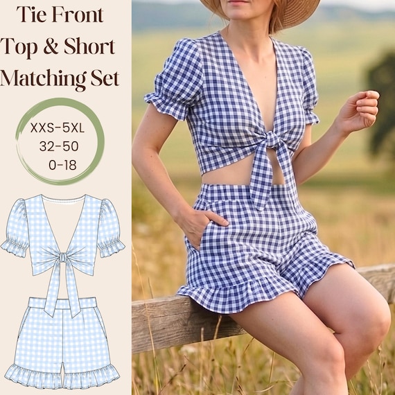 Tie Front Top & Shorts Matching Set Pdf Sewing Pattern-2 Pieces Summer Set-10 Sizes Available