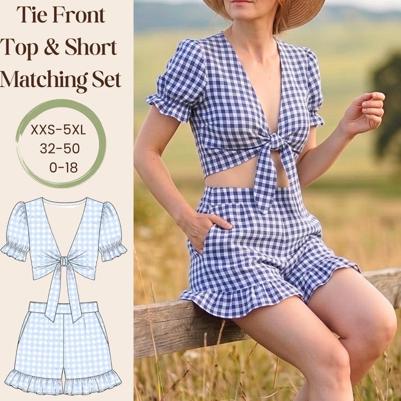 May include: A navy and white gingham matching set consisting of a tie-front crop top with short puff sleeves and high-waisted shorts with a ruffled hem. The image includes text reading Tie Front Top & Short Matching Set and size ranges.