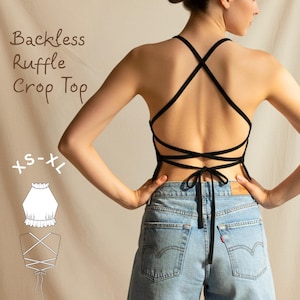 バックレスフリルクロップトップの縫製パターン：初心者向け（XS-XL）（PDFパターン）