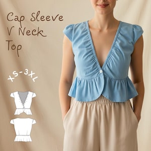 Patrón de costura en PDF para blusa con cuello en V elástico y mangas cortas con volantes (XS-3XL)