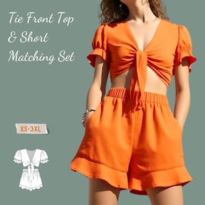 Tie Front Top & High Waist Flounce Hem Short Matching Set PDF Sewing Pattern in Sizes XS-3XL- Summer Set Pattern