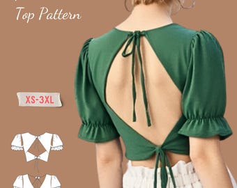 Open Tie Back Top Sewing Pattern- Beginner Friendly Pdf Sewing Pattern in Sizes XS-3XL- Short Puff Sleeve Trendy Top Sewing Pattern