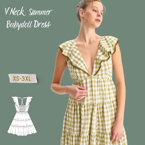Frill V Neck Tiered Summer Babydoll Dress PDF Sewing Pattern