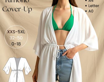 May include: A white kimono cover-up with wide sleeves and a drawstring waist. The image includes text: Kimono Cover-Up, Formats A4, Letter, A0, and sizes XXS-5XL, 32-50, 0-18. A technical line drawing of the garment is shown in the bottom left corner.