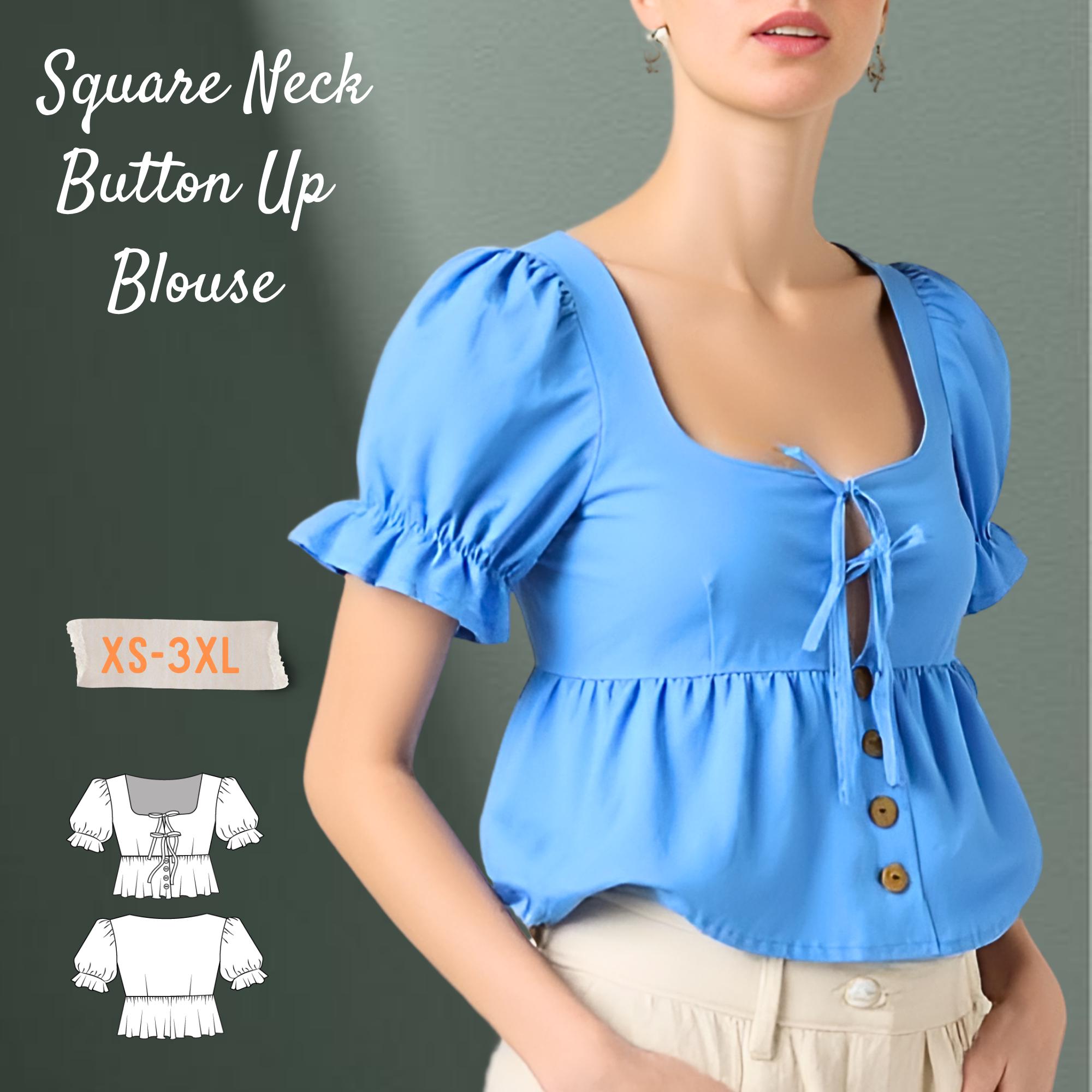 超人気の雑貨店 Front Tie Neck Square Puff Shirt up -button Blouse Sleeve トップス