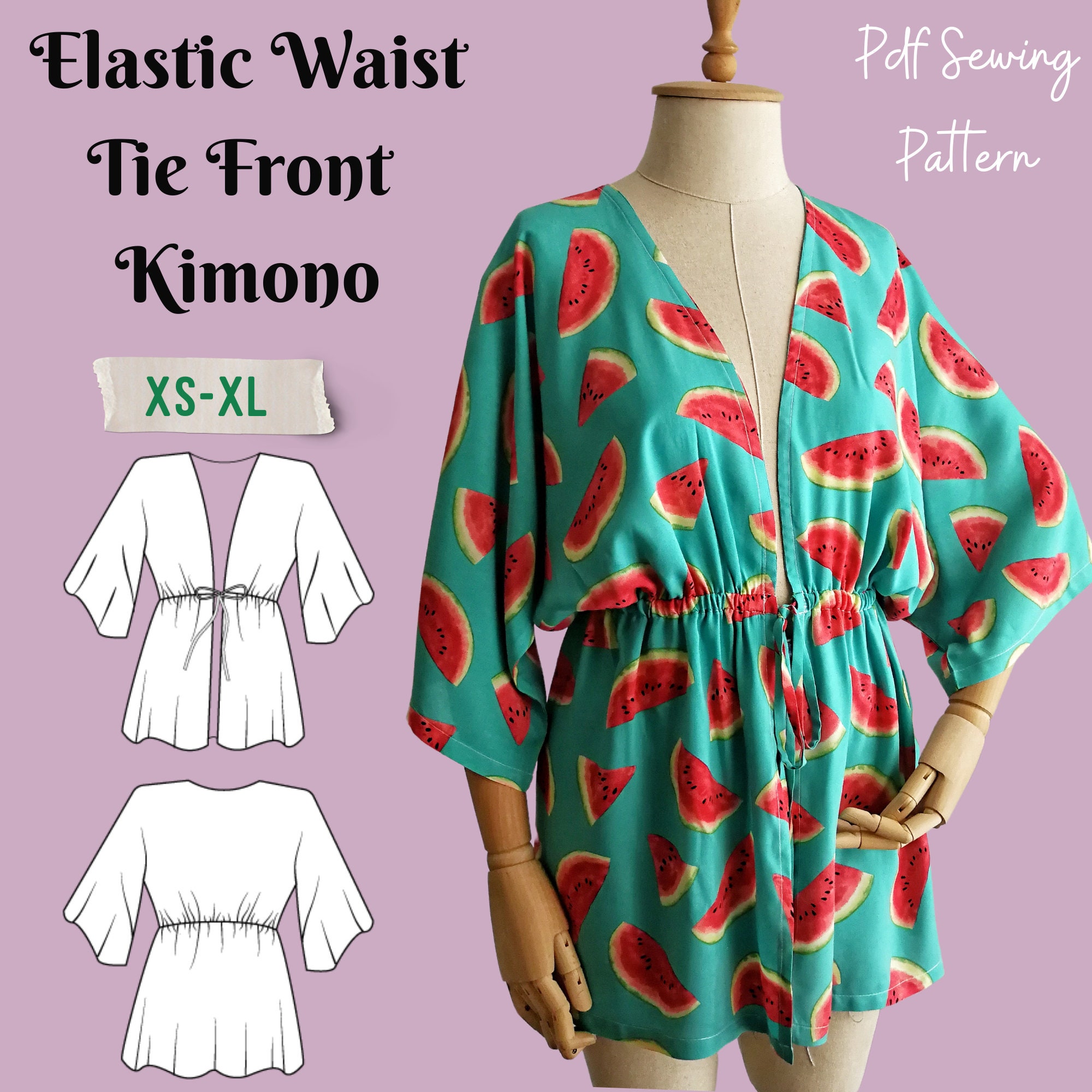 Tie Front Elastic Waist Kimono PDF Digital Sewing Pattern Easy and