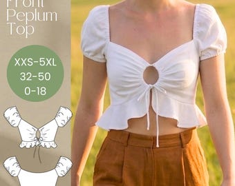 Front Cut Out Peplum Top -Keyhole Tie-Front Summer Top Pdf Sewing Pattern -10 Sizes Available