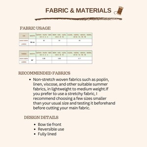 May include: A fabric and materials guide featuring a table for fabric usage in centimeters and yards for various sizes. It lists recommended non-stretch woven fabrics like poplin, linen, and viscose, and notes design details including a bow tie front, reversible use, and fully lined construction.