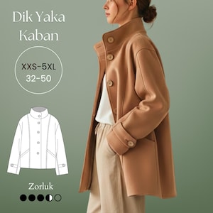 May include: A tan, button-up coat with a high collar and large pockets. The coat is worn by a person and is paired with beige trousers and a white shirt. The image also includes a line drawing of the coat and text that reads "Dik Yaka Kaban" and "XXS-5XL 32-50".