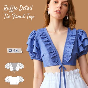 Ruffle Tie Front Top Sewing Pattern: Beginner Friendly (XS-3XL) (PDF Pattern)