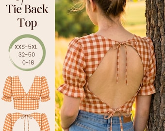 Patrón de costura en PDF para top con espalda abierta y lazo - Ideal para principiantes - Top de verano moderno con mangas abullonadas - 10 tallas disponibles