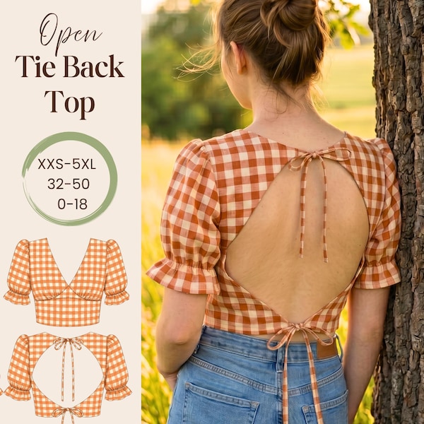Open Tie Back Top Pdf Sewing Pattern- Beginner Friendly Short Puff Sleeve Trendy Summer Top-10 Sizes Available