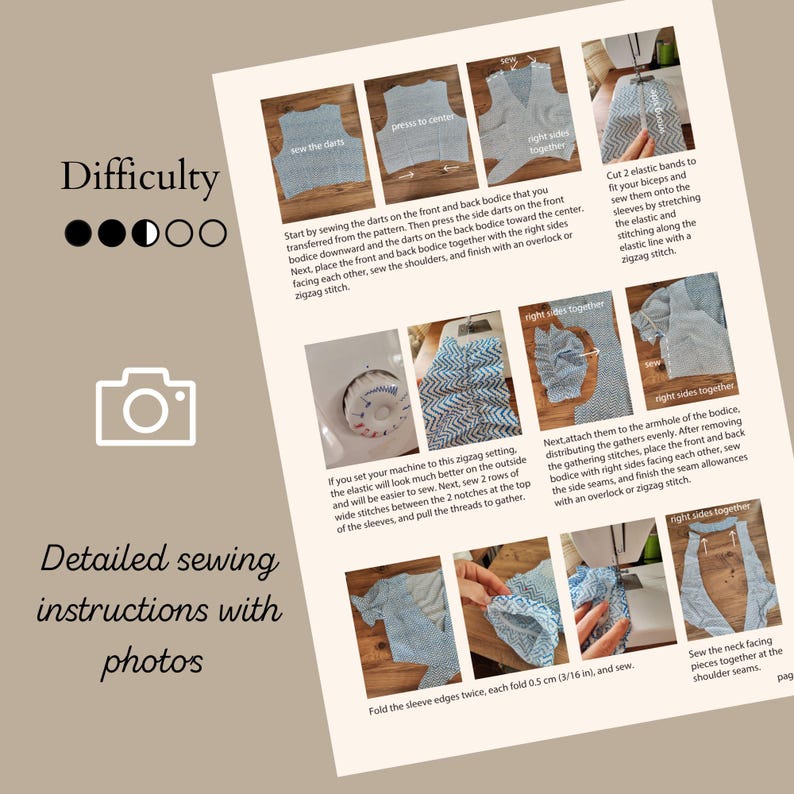 May include: A sewing instruction sheet featuring multiple step-by-step photographs of a blue and white patterned garment in progress. The document includes text descriptions, a difficulty rating, and a camera icon, detailing techniques like sewing darts, elastic bands, and gathering.