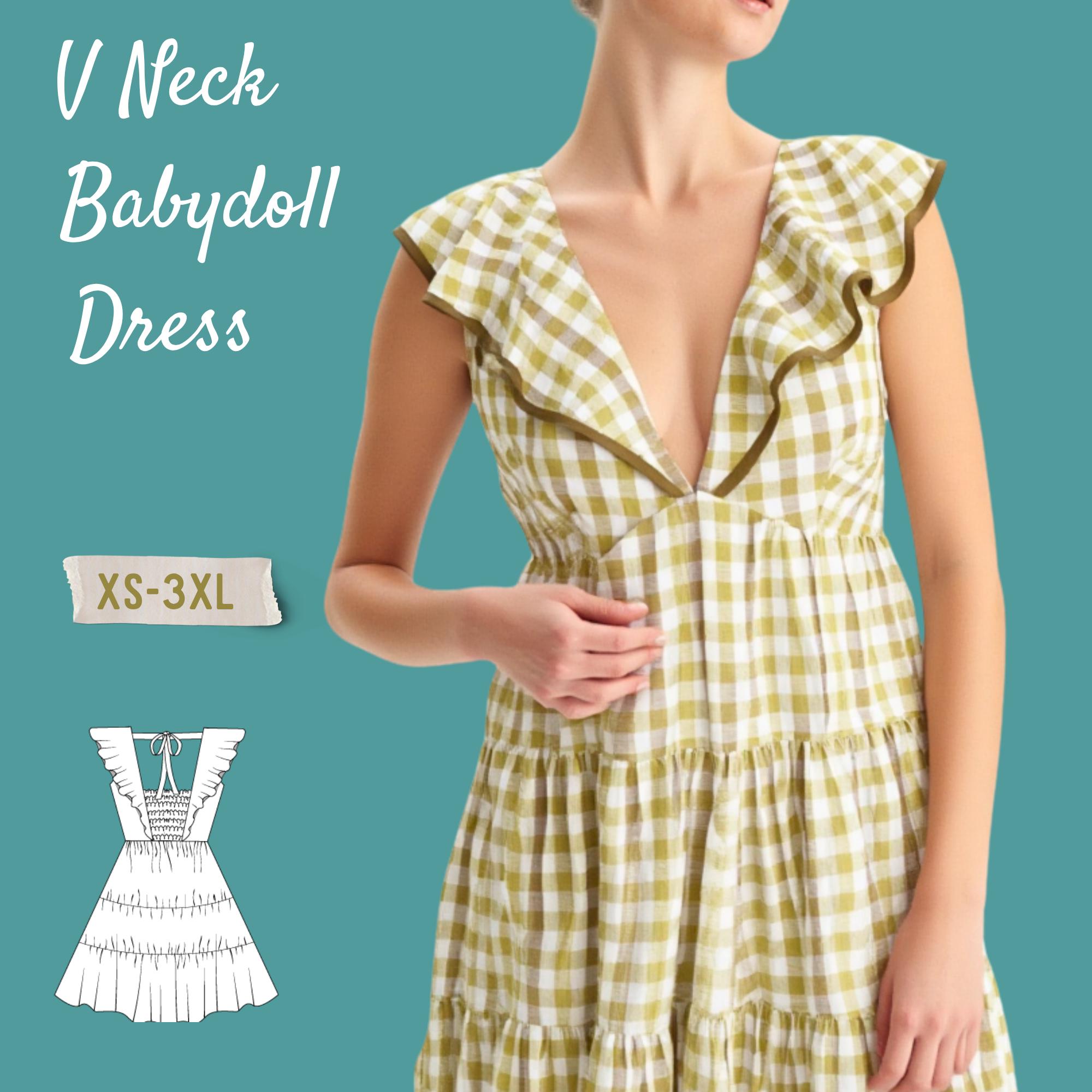 Frill V-Neck Babydoll Dress Sewing Pattern (PDF) XS-3XL
