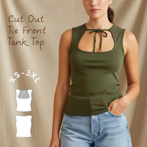 Cut Out Tie Front Tank Top PDF Sewing Pattern: Square Neck (XS-3XL)