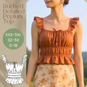 May include: A rust-colored ruched peplum top with ruffled straps and a square neckline. The top features a tie detail at the bust and a gathered waist. The image also includes a sketch of the top and text that reads "Ruched Detailed Peplum Top" and size information.