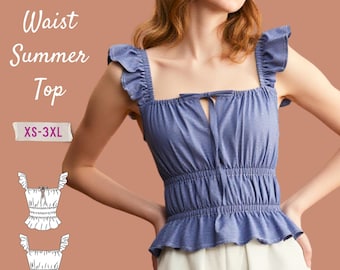 Ruffle Shoulder Summer Top Sewing Pattern: Elastic Waist (XS-3XL) (PDF Pattern)