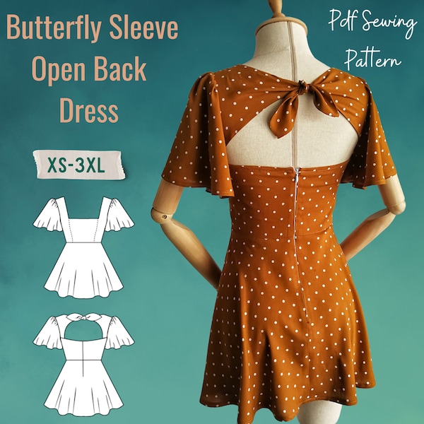 Butterfly Sleeve Open Back Square Neck Dress PDF Sewing Pattern- in Sizes XS-3XL- Mini Summer Dress Sewing Pattern