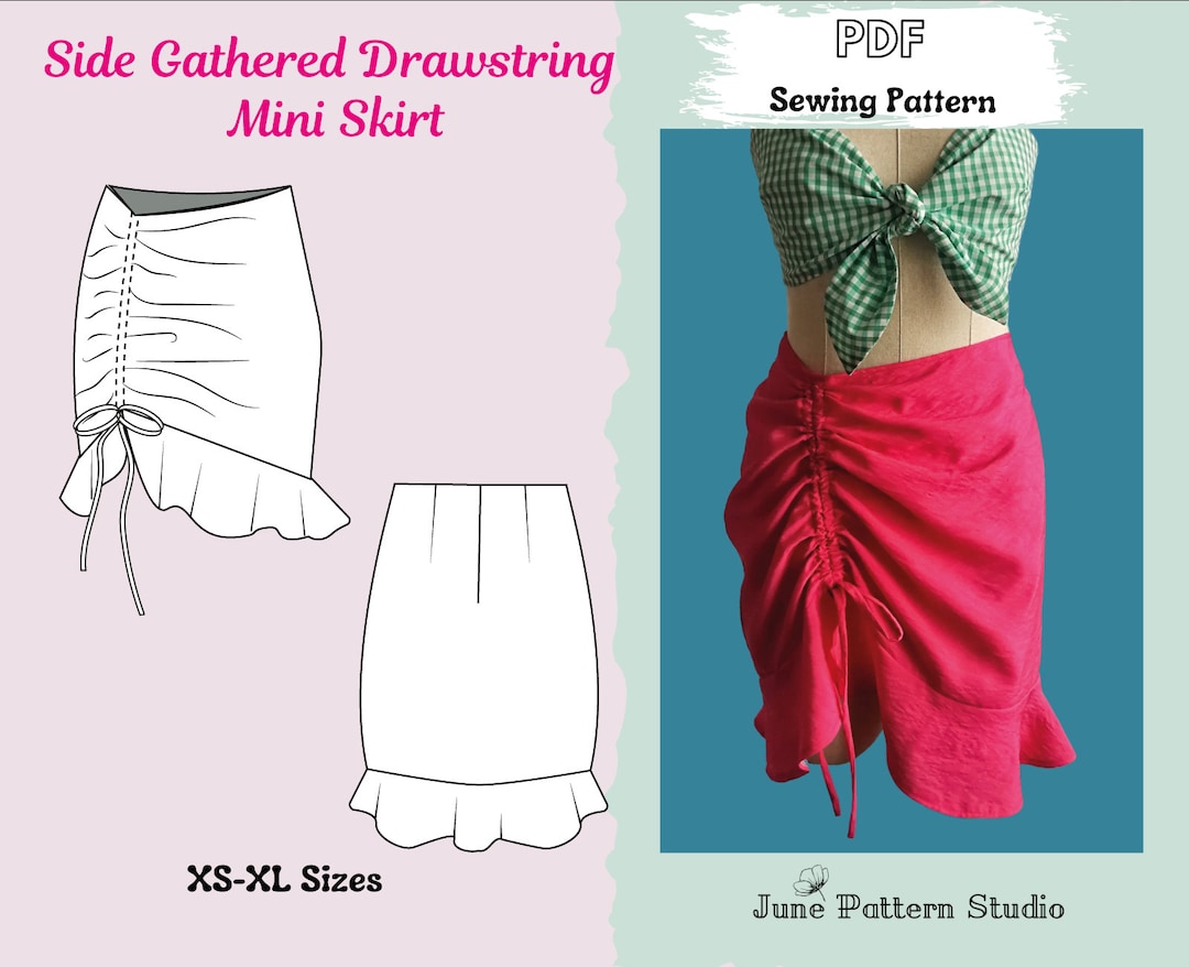 Side Gathered Drawstring Mini Skirt PDF Sewing Pattern Easy Skirt ...