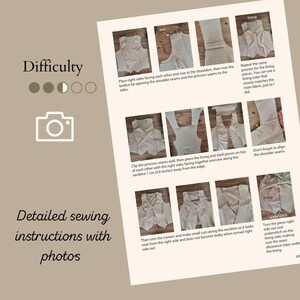 Pode incluir: Um guia de instru&ccedil;&otilde;es de costura com n&iacute;vel de dificuldade, um &iacute;cone de c&acirc;mara e o texto Detailed sewing instructions with photos. Inclui v&aacute;rias fotografias passo a passo que mostram a montagem de um colete bege.
