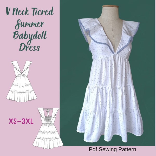 Frill V Neck Tiered Summer Babydoll Dress PDF Sewing Pattern- Printable Sewing Pattern in Sizes XS-3XL- Summer Dress Sewing Pattern