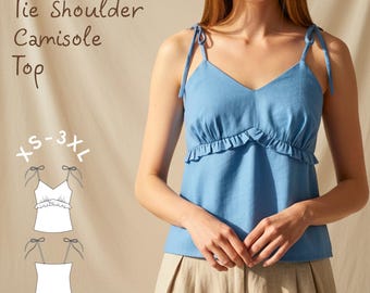 Modello di cucito per canotta con spalline annodate: top con volant per principianti (XS-3XL) (modello PDF)