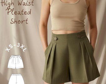 High Waist Pleated Shorts Sewing Pattern: Beginner Friendly (XS-3XL) (PDF Pattern)