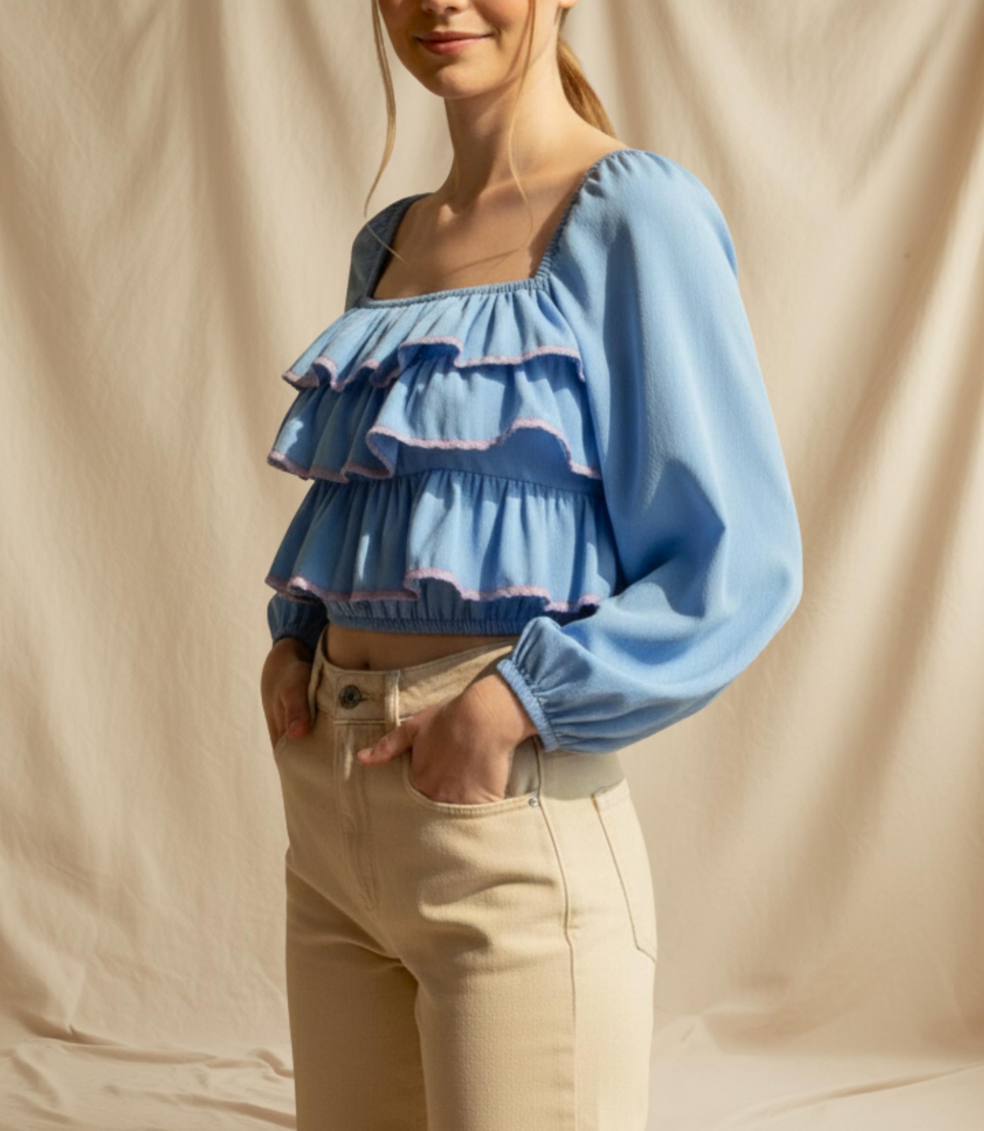 Layered Ruffle Front Blouse With Puff Long Sleeve Pdf Sewing Pattern ...