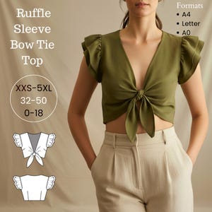 Może przedstawiać: Zielony top z falbanami i wiązaniem w talii. Top ma dekolt w kształcie litery V i wiązanie w talii. Obraz zawiera również tekst "Ruffle Sleeve Bow Tie Top", "XXS-5XL", "32-50", "0-18" oraz "Formats: A4, Letter, A0".