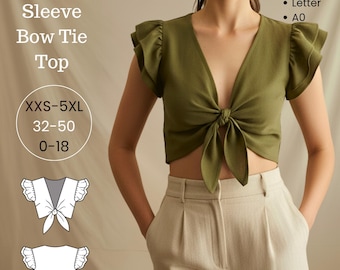 Ruffle Sleeve Tie Front Crop Top Sewing Pattern in XXS-0 /5XL-50 Sizes