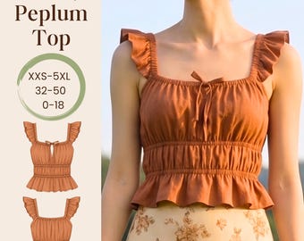Ruched Detailed Square Neck Peplum Top Pdf Sewing Pattern- Ruched Summer Top- 10 Sizez Available
