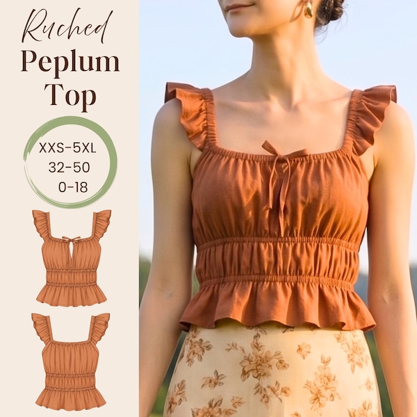 Ruched Detailed Square Neck Peplum Top Pdf Sewing Pattern- Ruched Summer Top- 10 Sizez Available