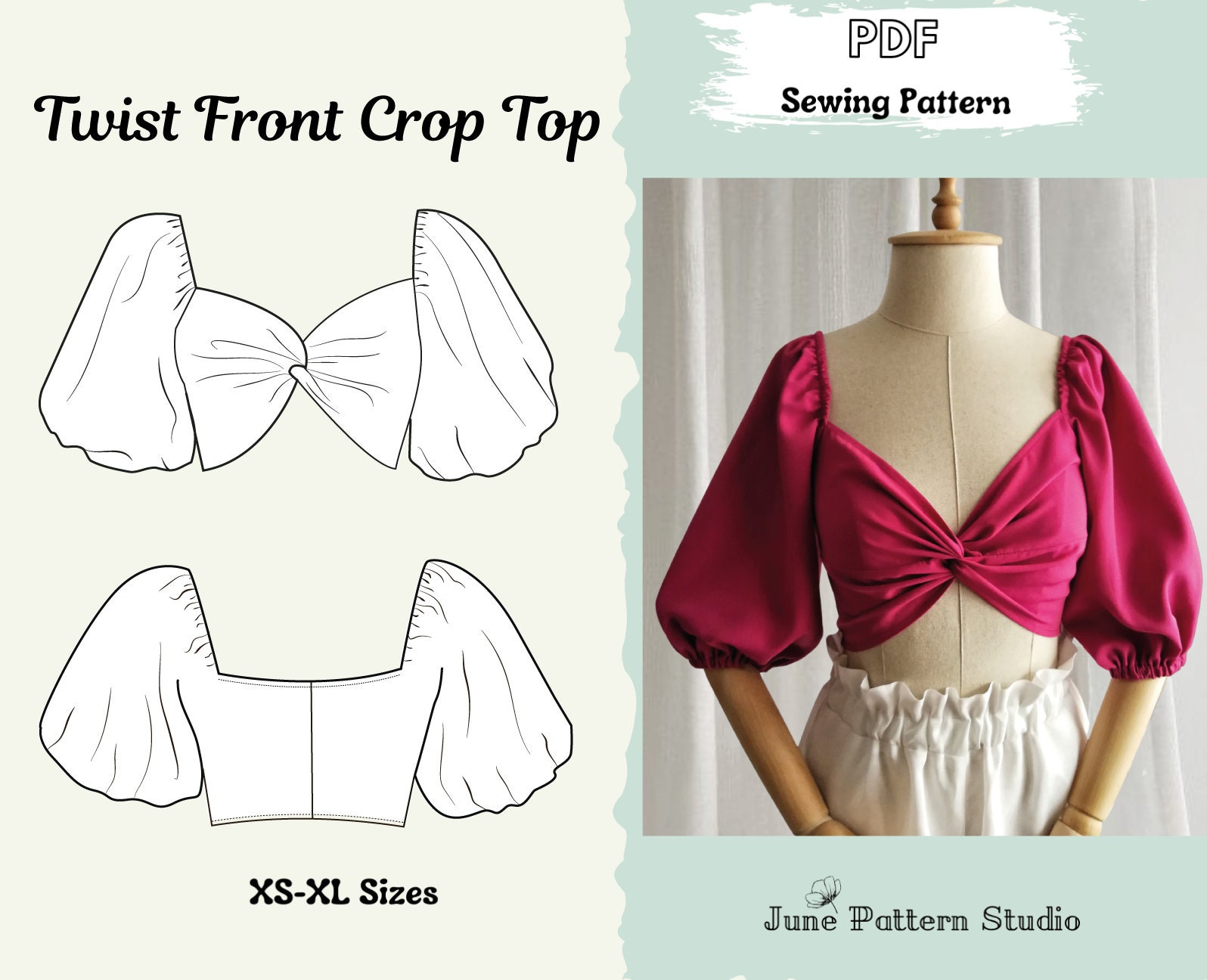 Twist Front Crop Top PDF Sewing Pattern Printable Sewing 